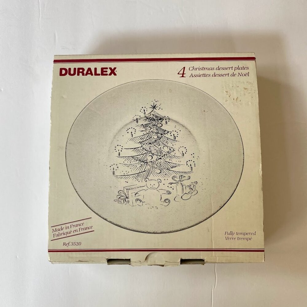 Vintage Duralex Christmas Glass Dessert Plates-Set of 4- Tree/Teddy Bear/Gifts